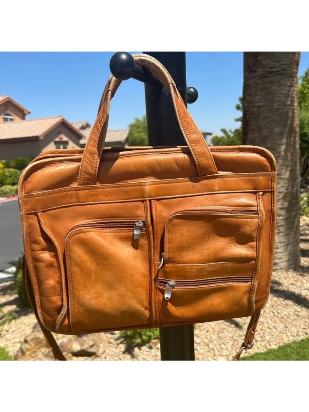 Vintage Camel Leather Briefcase With Adjustable Strap & Multiple Zip Compartment